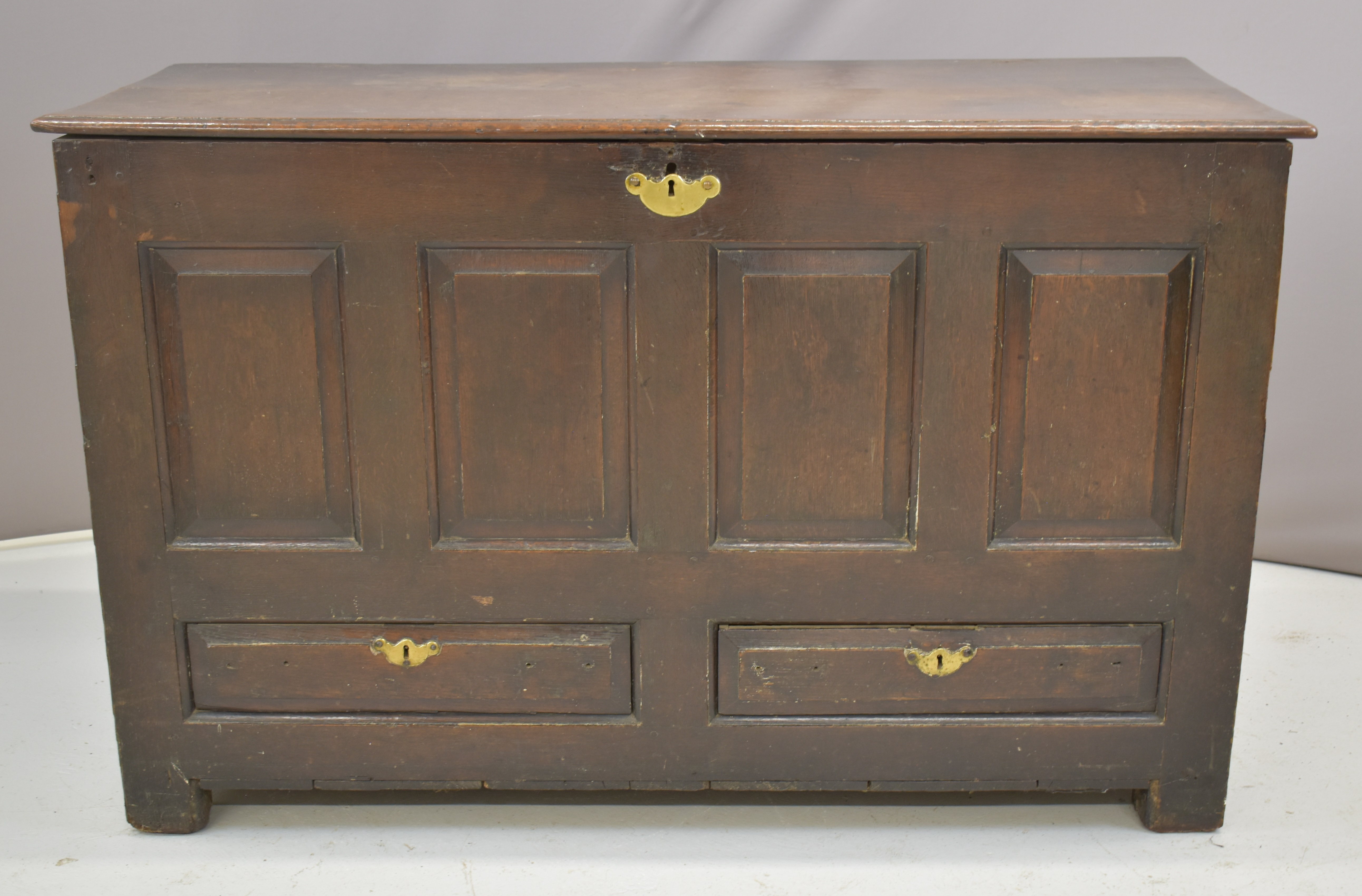 19thC oak panelled trunk with two faux lower drawers, W137 x D57 x H86cm
