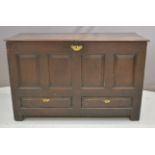 19thC oak panelled trunk with two faux lower drawers, W137 x D57 x H86cm