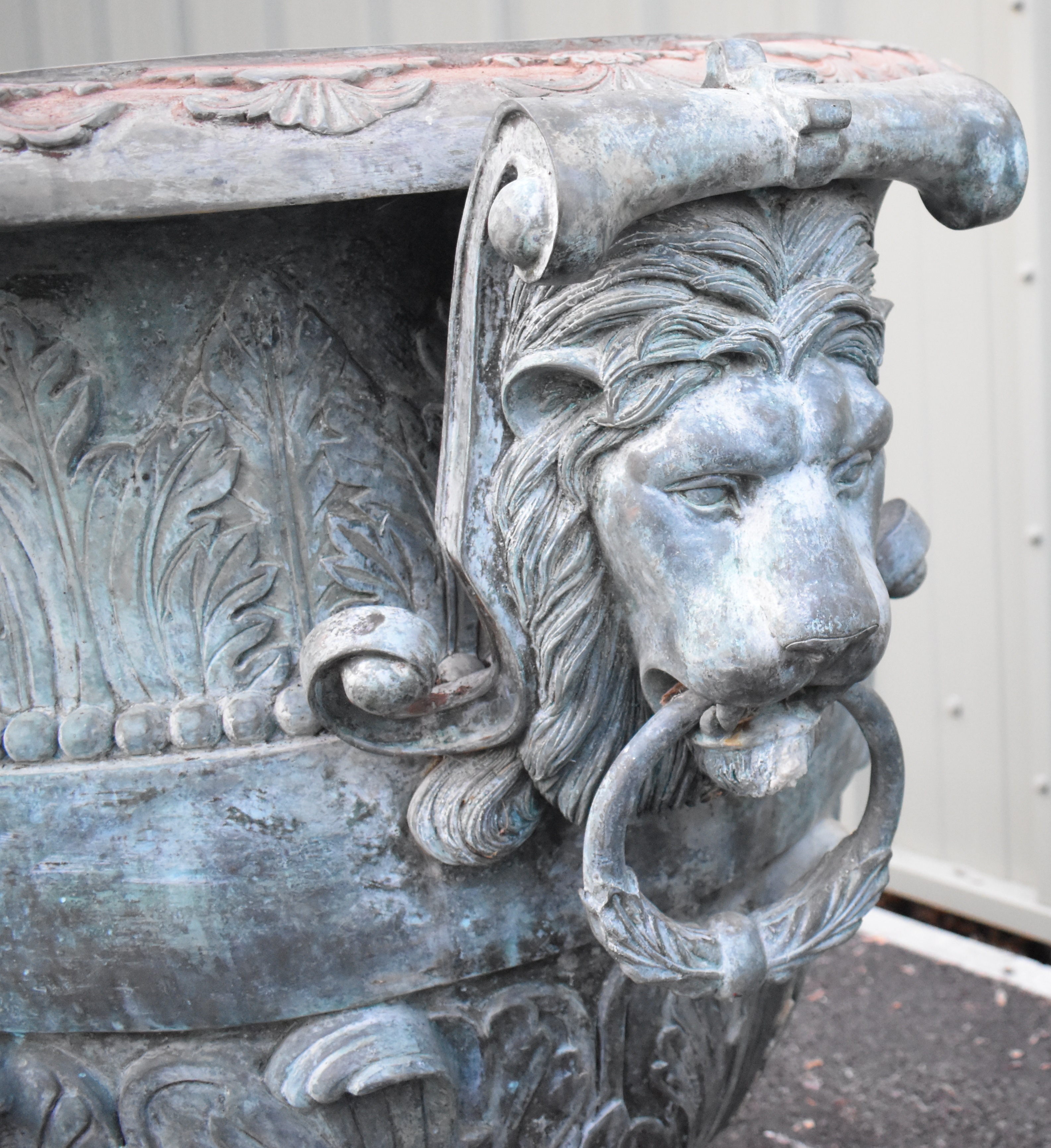 Leonardo Rossi pair of large bronze pedestal urns with scrolling lion mask ring handles and relief - Image 4 of 13