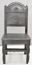 17th / 18thC carved oak peg jointed country chair with plank seat, bobbin strainer and turned