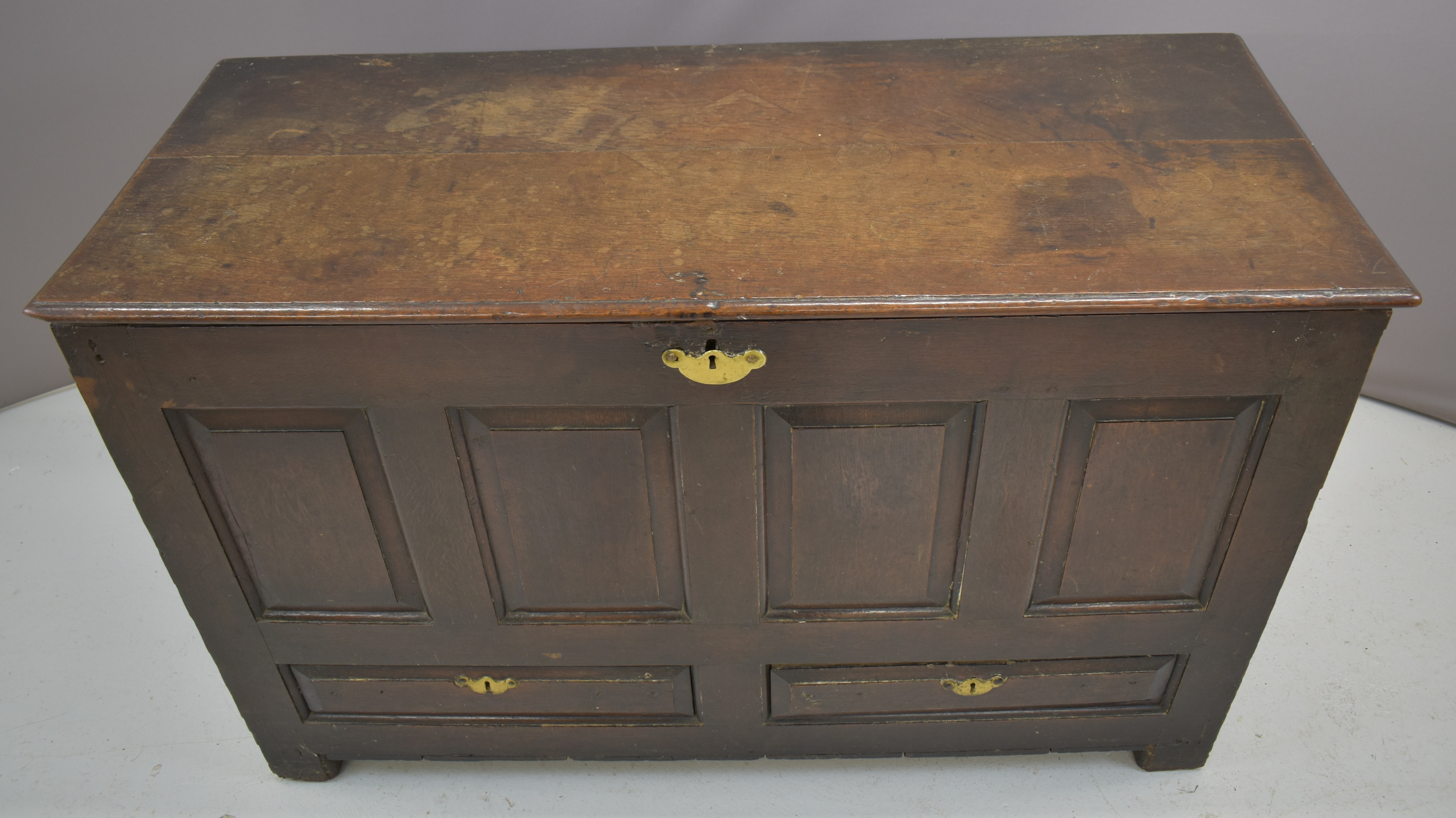 19thC oak panelled trunk with two faux lower drawers, W137 x D57 x H86cm - Image 4 of 7