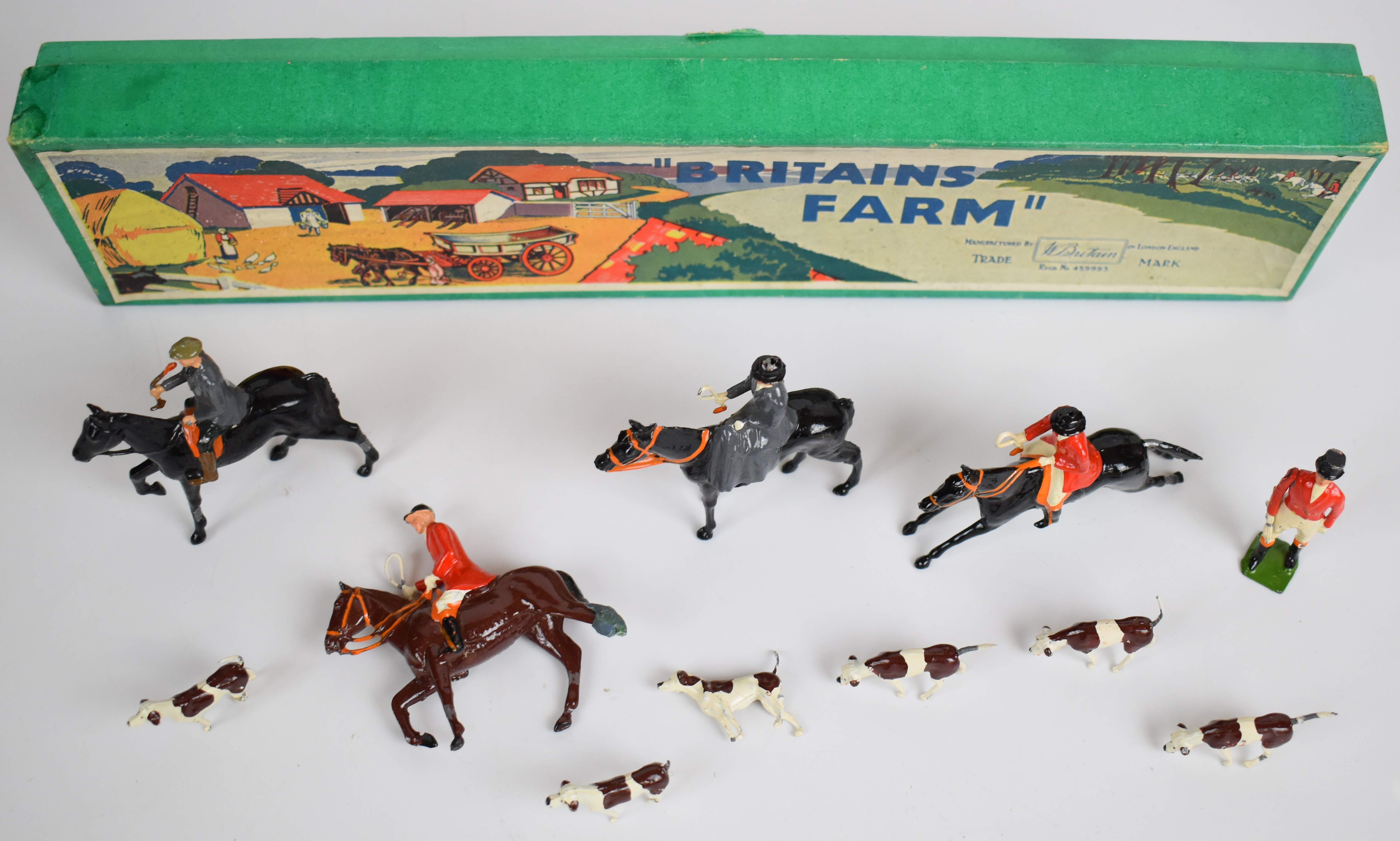 Britains vintage lead hunting party figures comprising four mounted, one on foot and six hounds, - Image 2 of 4