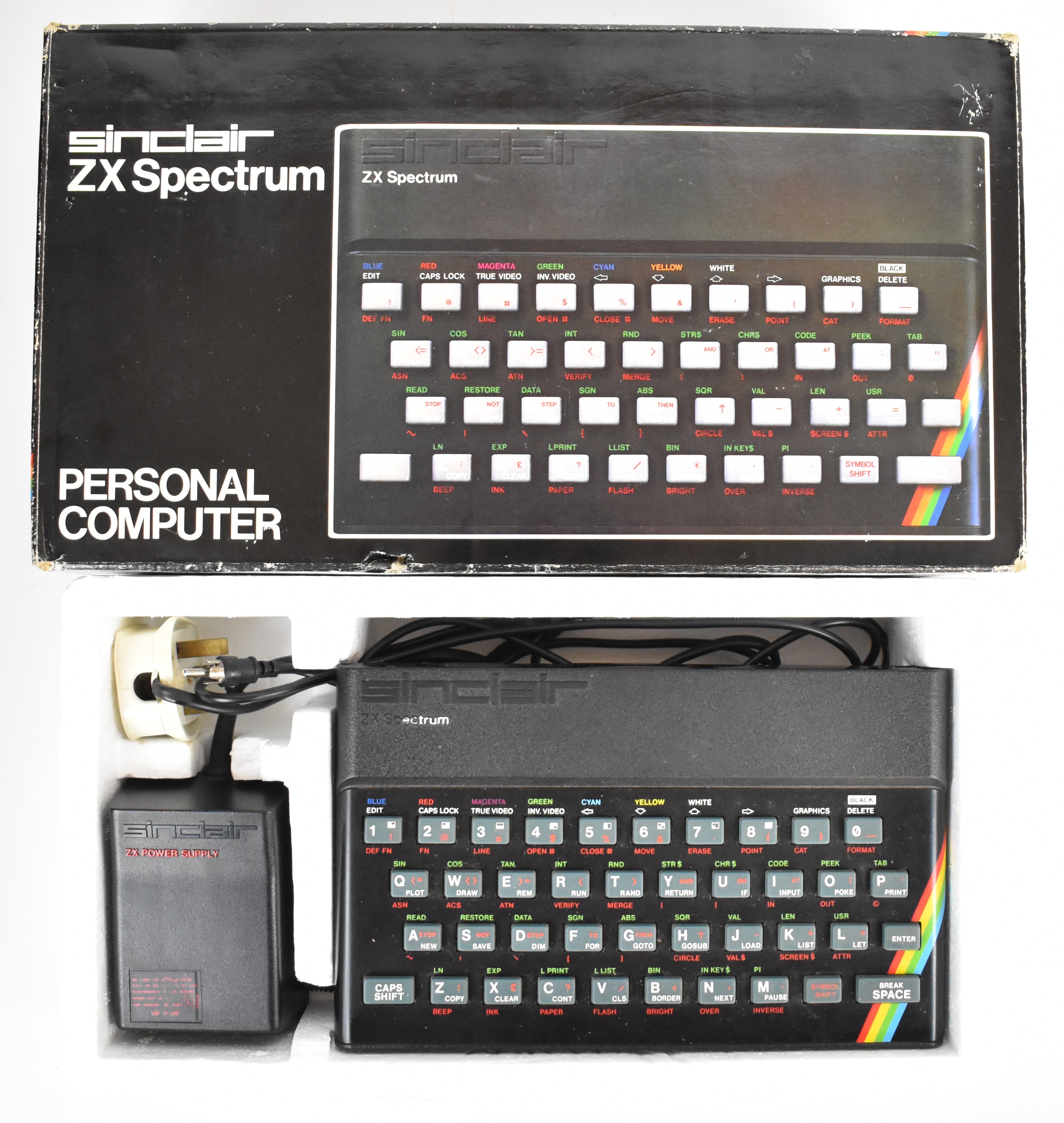 Sinclair ZX Spectrum 48K personal computer with power supply, in original box.