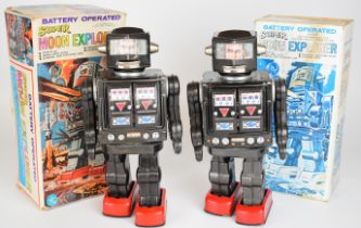 Two battery operated tinplate 'Super Moon Explorer' robots by HK Toys, height 30cm, in original