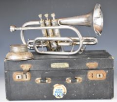 FB Besson Westminster silver plated standard cornet, length 35cm, in case with mouthpiece and mute.