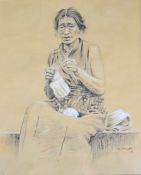 G. Douglas charcoal with chalk or similar highlights portrait of a possibly Tibetan person knitting,