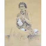 G. Douglas charcoal with chalk or similar highlights portrait of a possibly Tibetan person knitting,