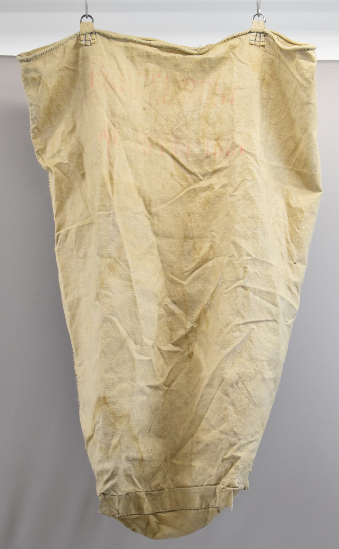 Victorian canvas post or parcel bag with metal hanging loops and VR cypher above crown, height - Image 3 of 4