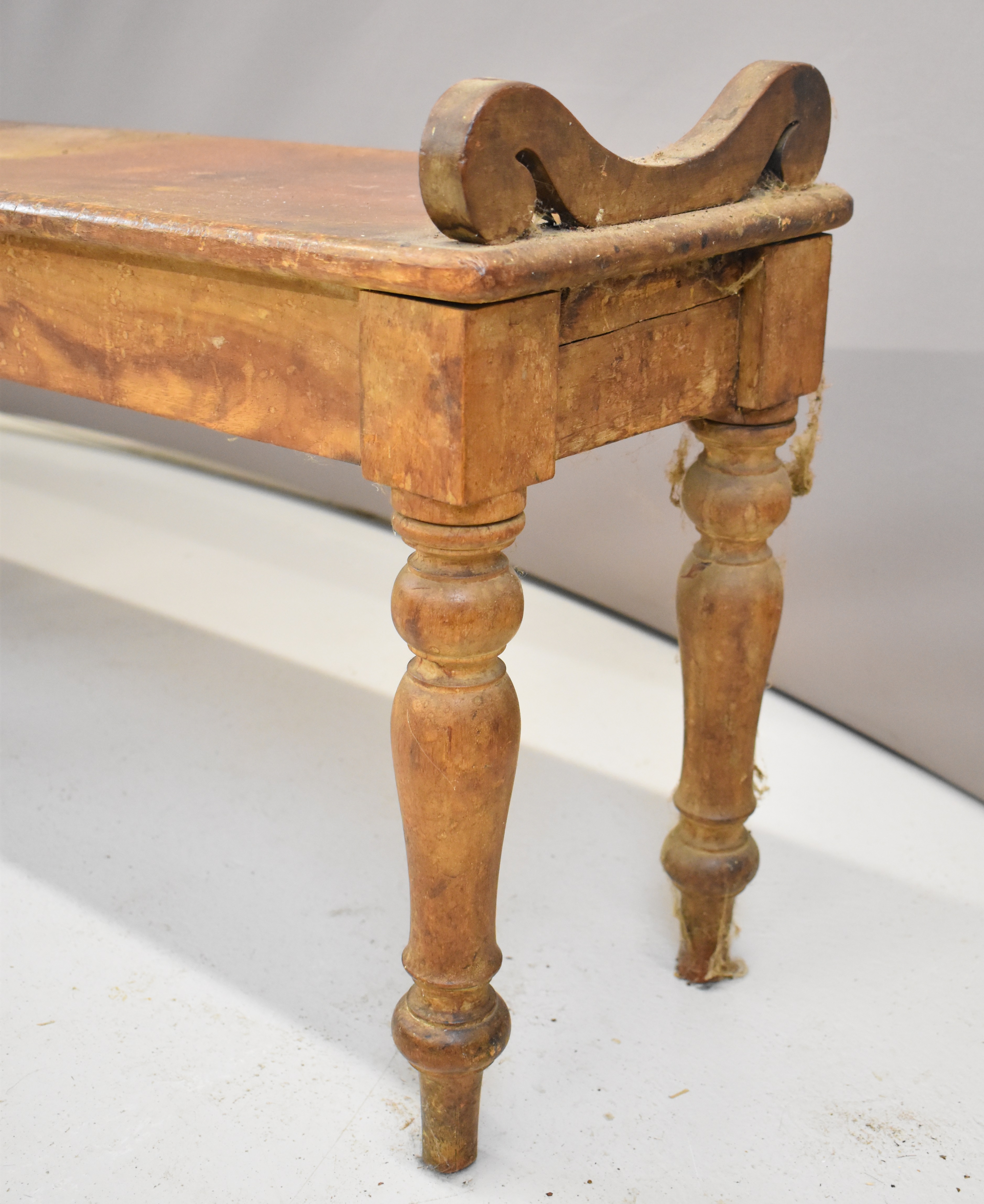 19thC ash window seat or low bench with scroll ends, raised on six turned legs, W193 x D30 x H46cm - Image 4 of 4