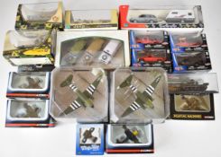 Seventeen mostly military diecast model cars and aircraft, manufacturers include Corgi, Maisto and