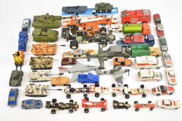 Over fifty Corgi and Dinky diecast model cars and military vehicles to include Morris Mini-Cooper,