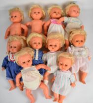 Ten vintage Palitoy Tiny Tears dolls, most in original clothing.