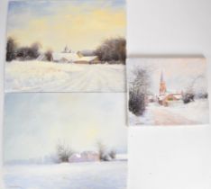 Three Ken B Hancock (Tetbury, Gloucestershire) oil on canvas impressionist winter landscapes, one