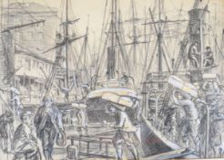 Sir Frank Brangwyn RA (1867-1956) charcoal and pastel busy dockside scene of navvies and steam