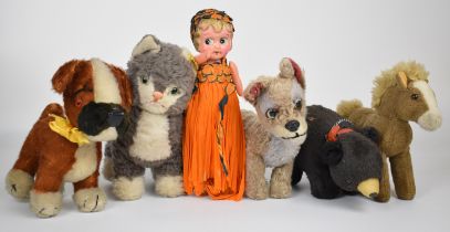 Five vintage Steiff, Merrythought and similar plush toys together with a 1930's celluloid doll in