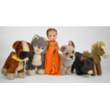 Five vintage Steiff, Merrythought and similar plush toys together with a 1930's celluloid doll in