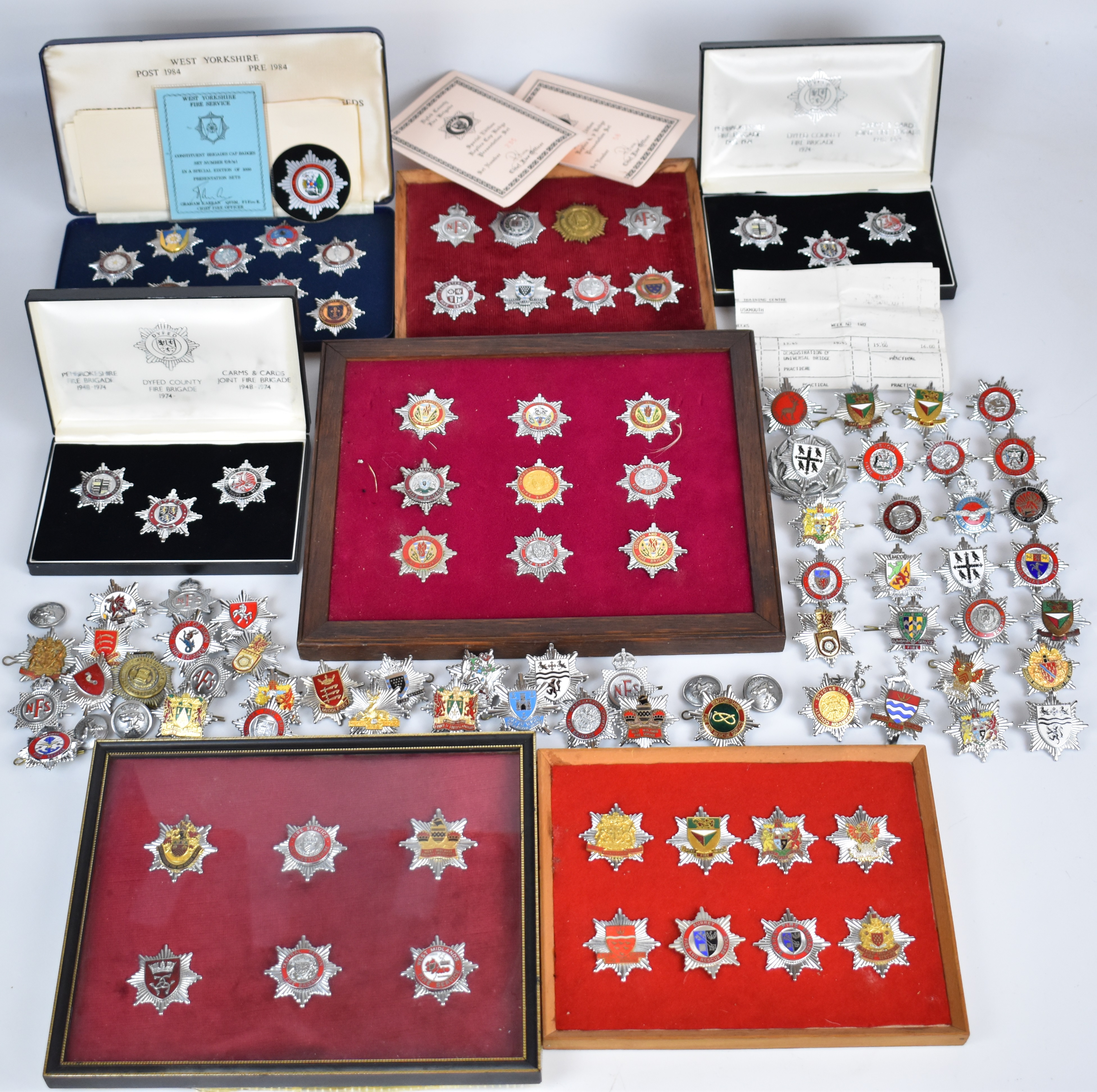 Approximately 100 Fire Brigade metal badges including Isle of Wight Fire Brigade, Cardiff City