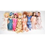 Eight vintage Sindy dolls by Pedigree dressed in Southern Belle and similar clothing.