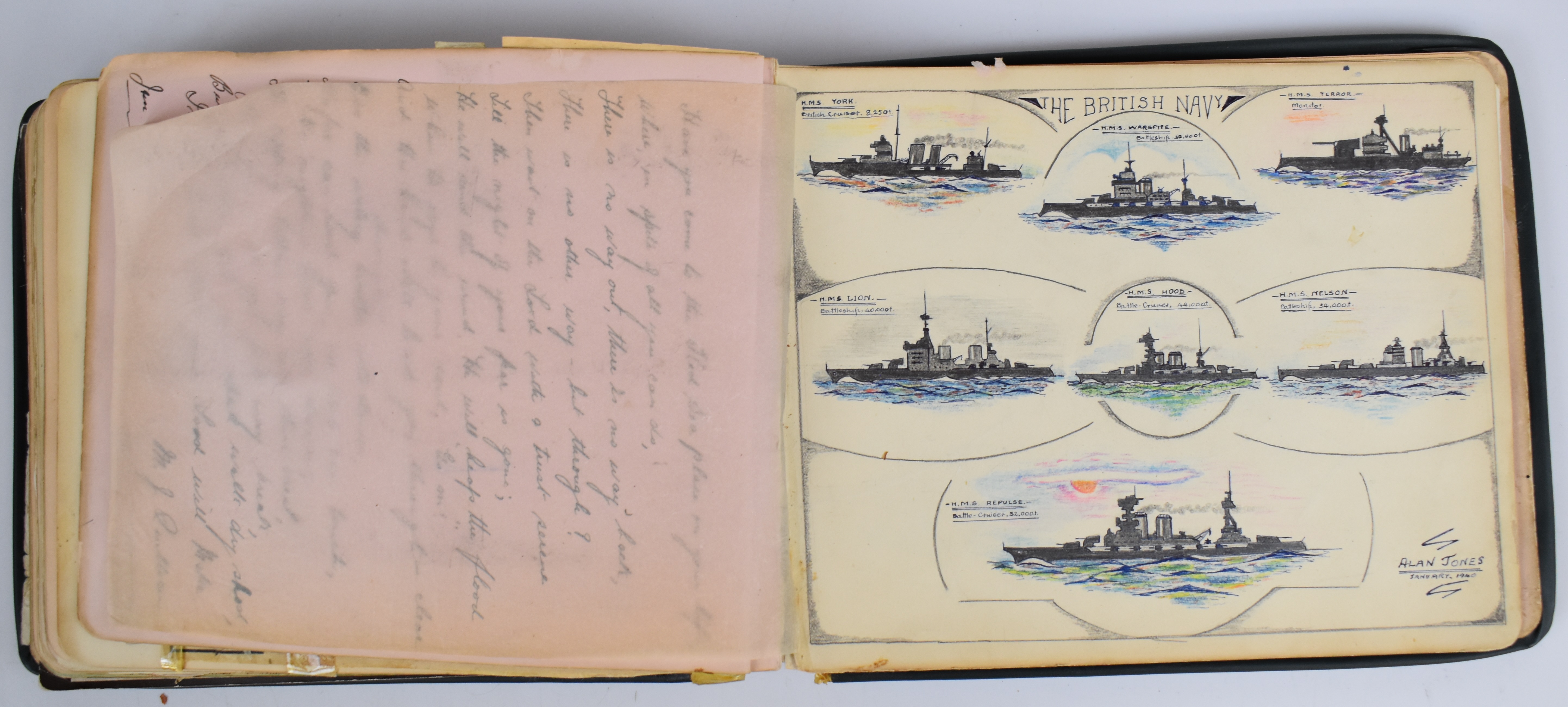 Edwardian / WW1 and later album of cuttings, missives, photographs, watercolours including naval - Image 11 of 12