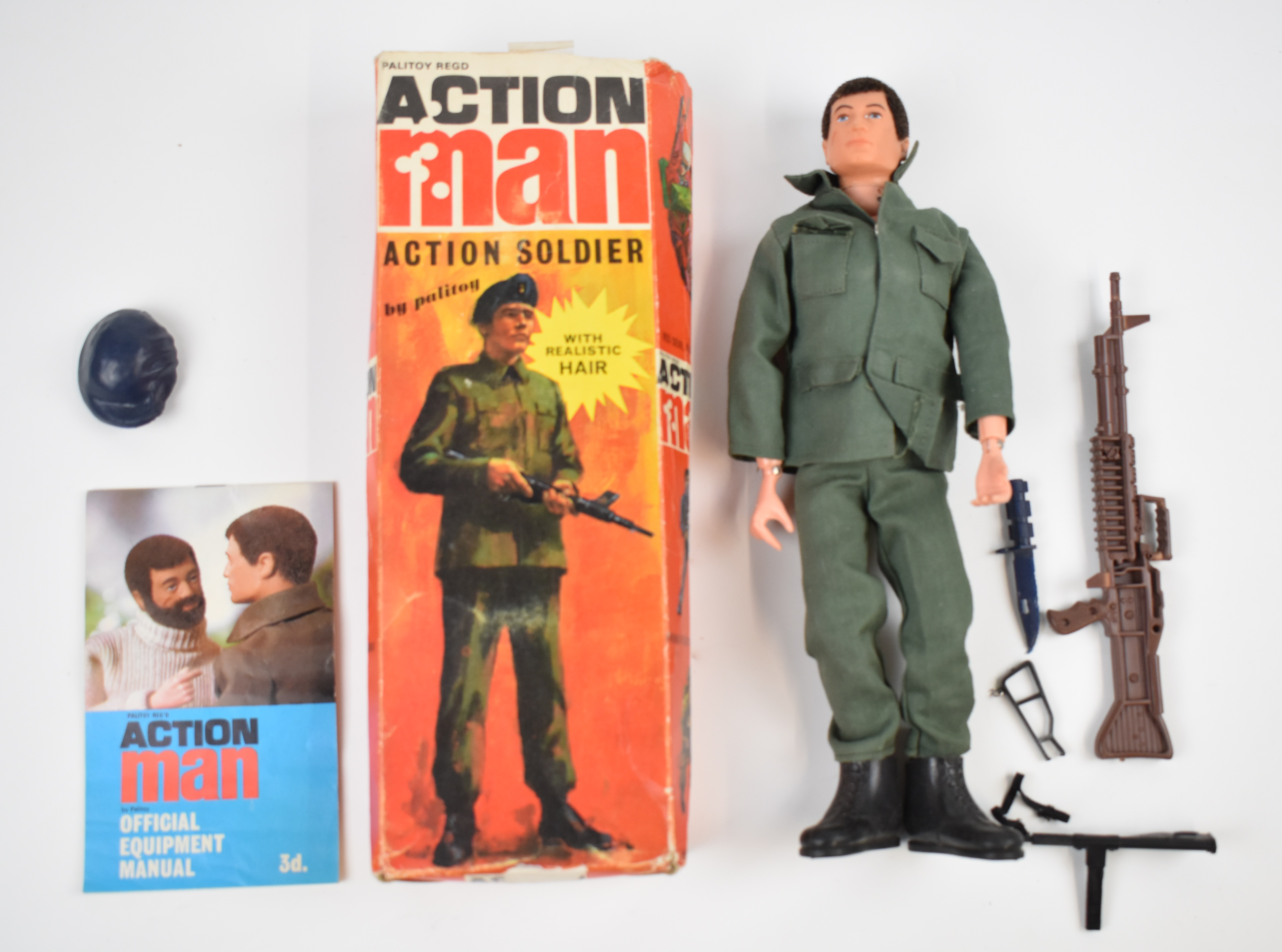 Palitoy Action Man 'Action Soldier' doll with clothing accessories and official equipment manual,