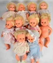 Ten vintage Palitoy Tiny Tears dolls, most in original clothing.