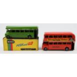 Two Tri-ang Minic Push and Go tinplate or pressed steel model buses comprising a London Transport