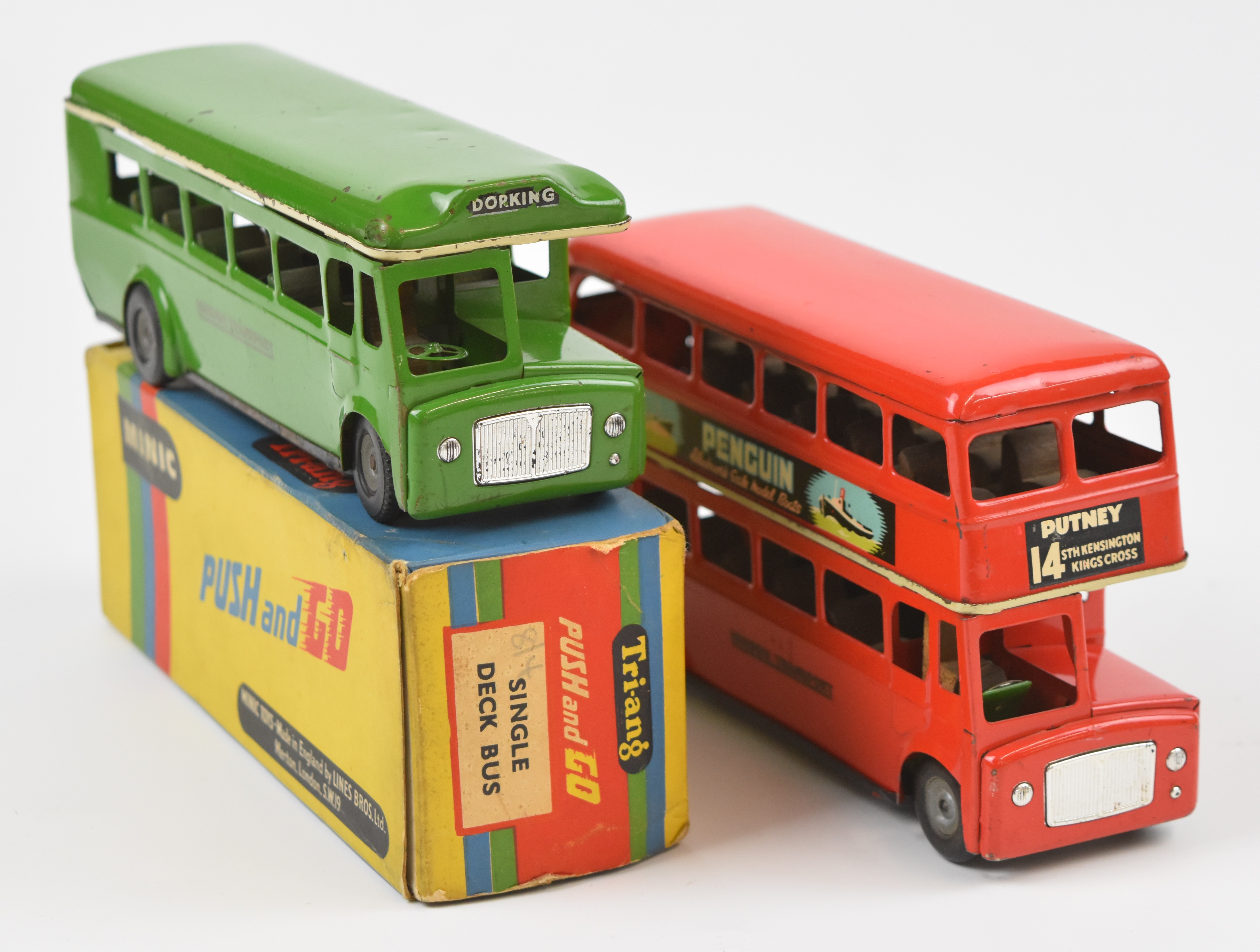 Two Tri-ang Minic Push and Go tinplate or pressed steel model buses comprising a London Transport - Image 3 of 3