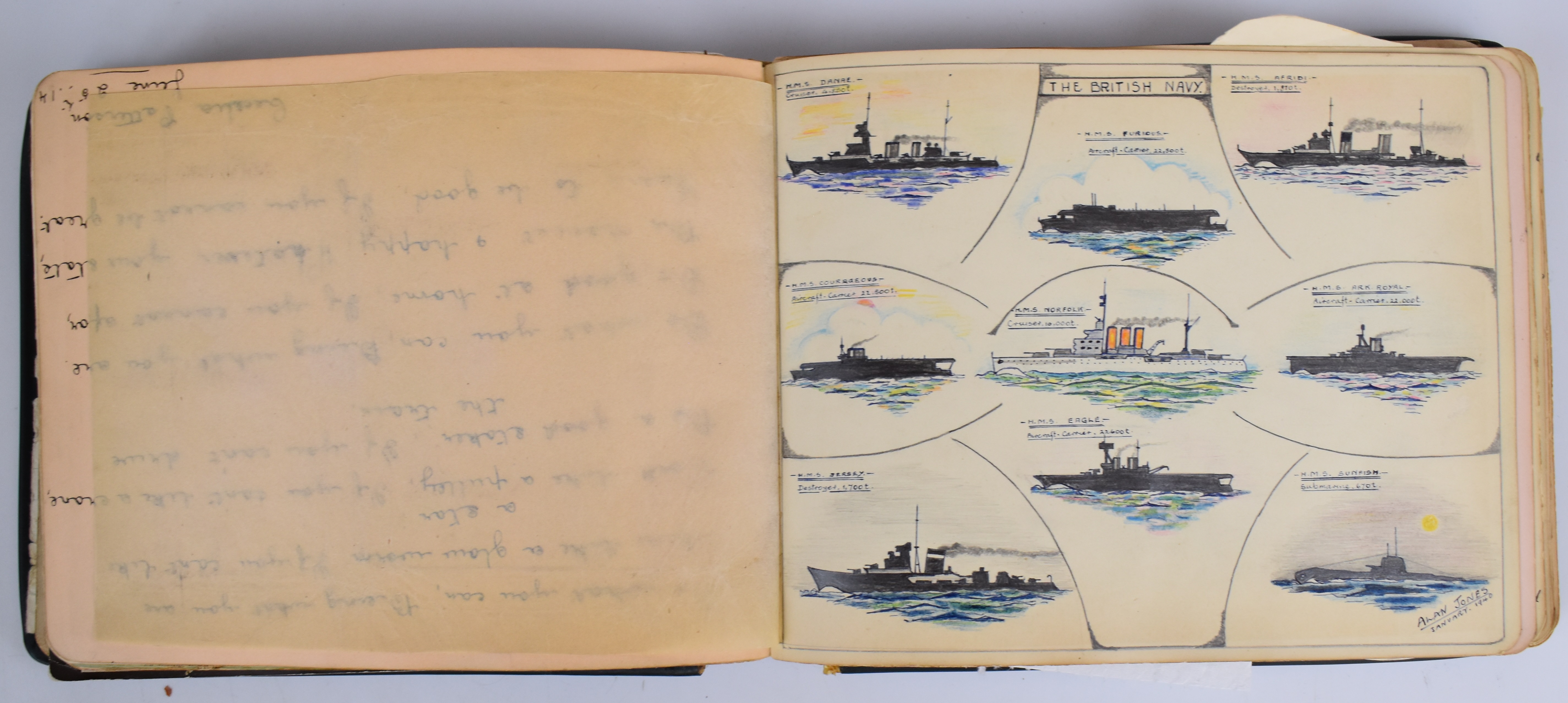 Edwardian / WW1 and later album of cuttings, missives, photographs, watercolours including naval - Image 7 of 12