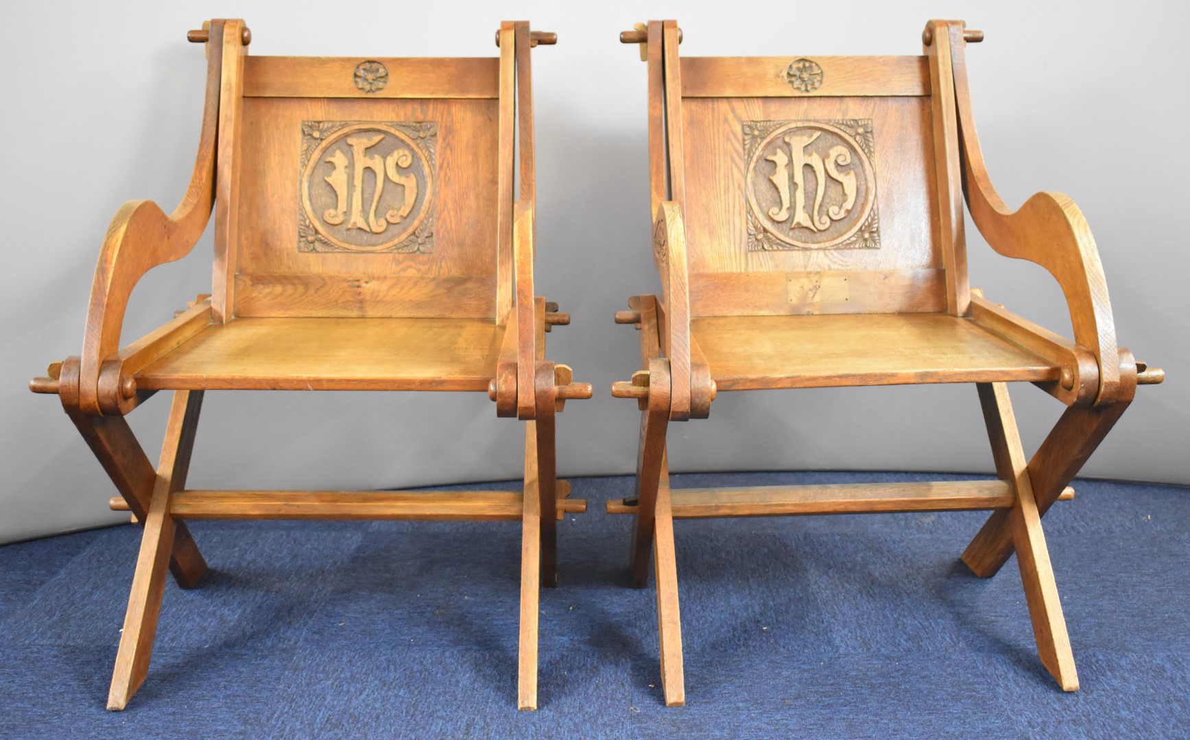 Pair early 20thC Gothic hall or similar chairs