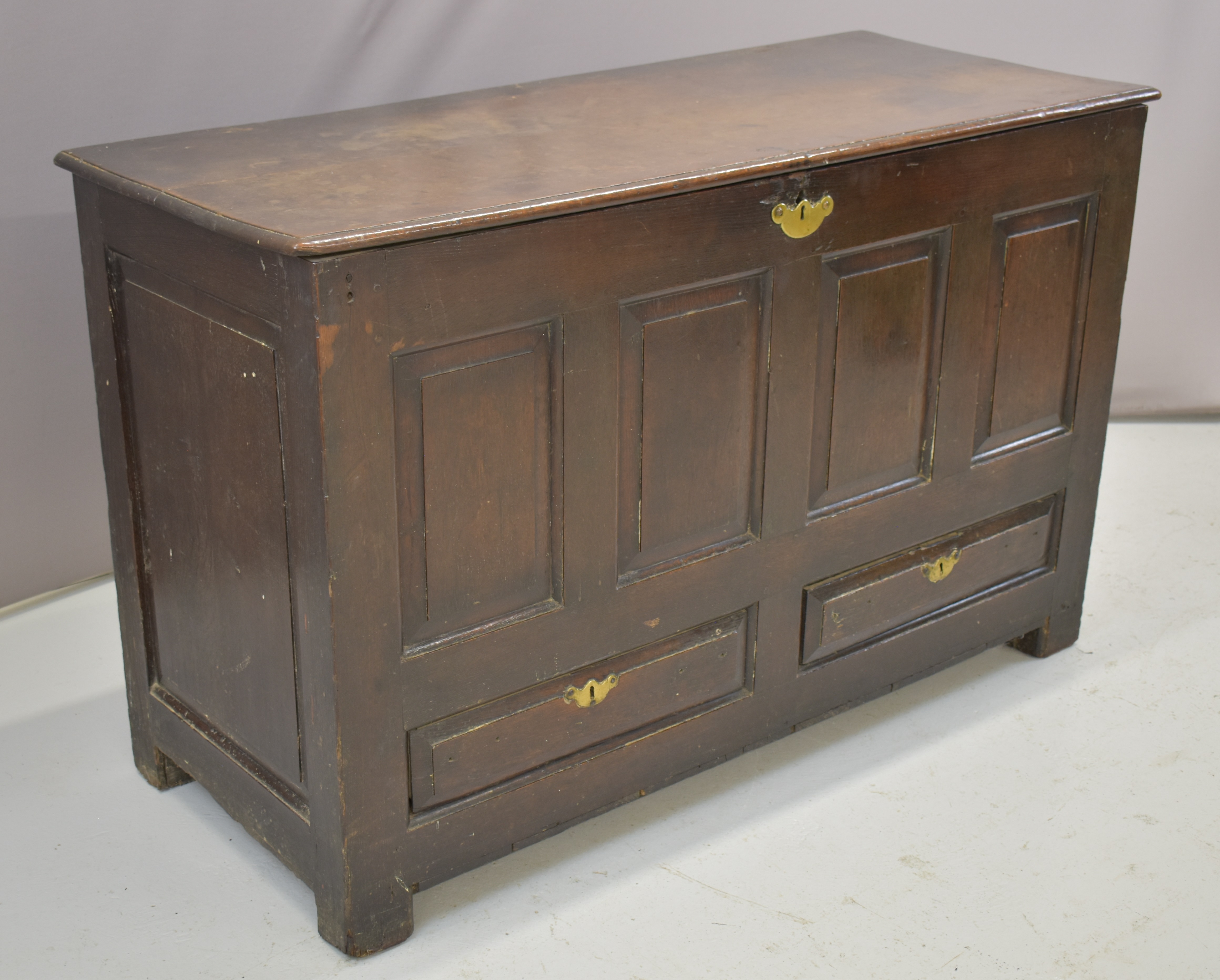 19thC oak panelled trunk with two faux lower drawers, W137 x D57 x H86cm - Image 2 of 7
