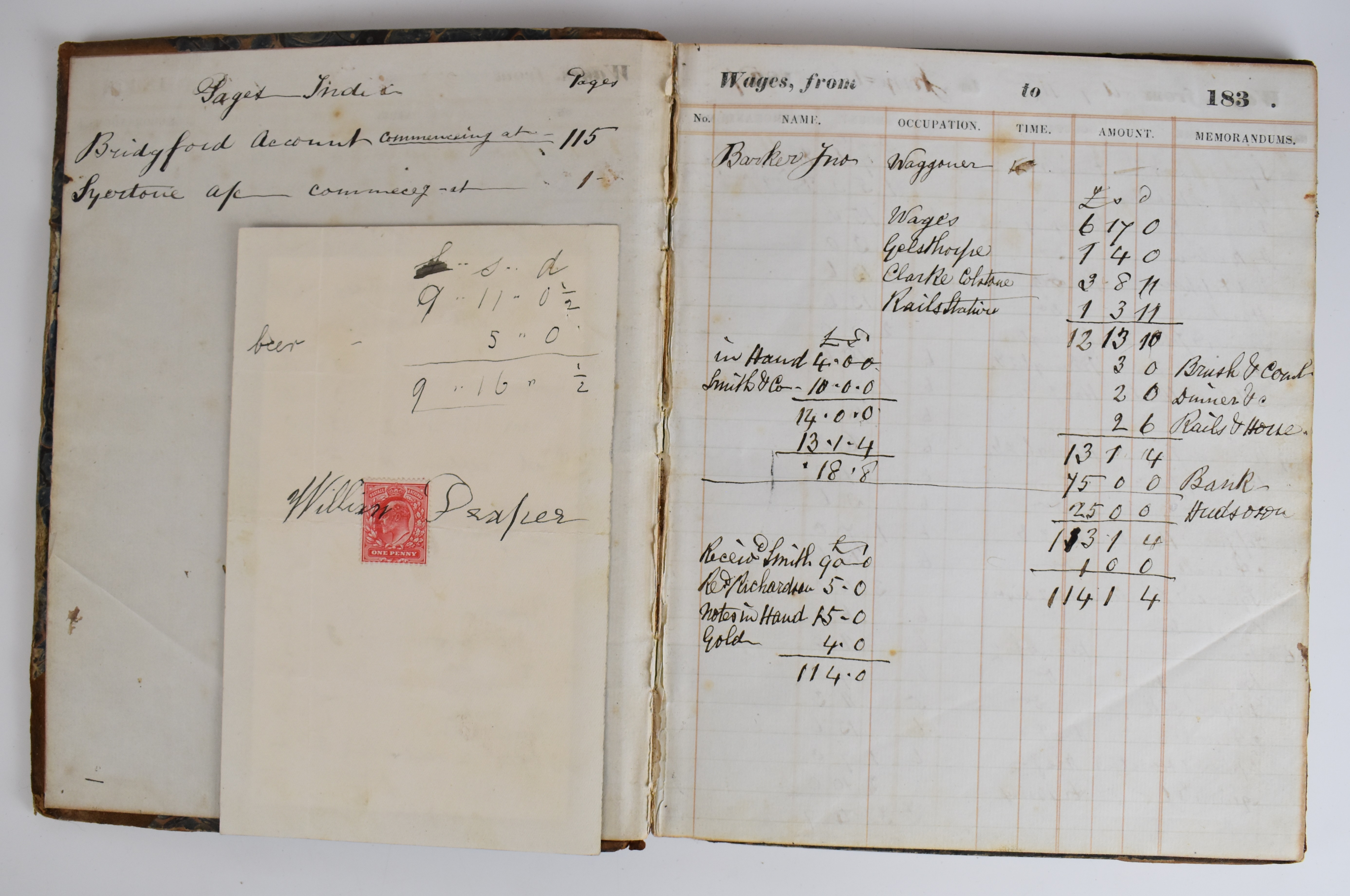 Wage book covering 1857 - 1860 for Syerstow Low Farm, signed inside back cover John Levers