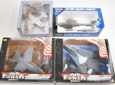 Four 1:48 scale diecast model aircraft comprising AH64D Apache Longbow, MiG-3, F-14 Tomcat and F-