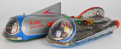 Two battery operated tinplate cars by Modern Toys (Japan) comprising Planet Explorer and USAF-Gemini