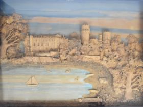 A 19thC cork picture of Warwick Castle in satinwood frame, 37 x 50cm (58 x 71cm overall)