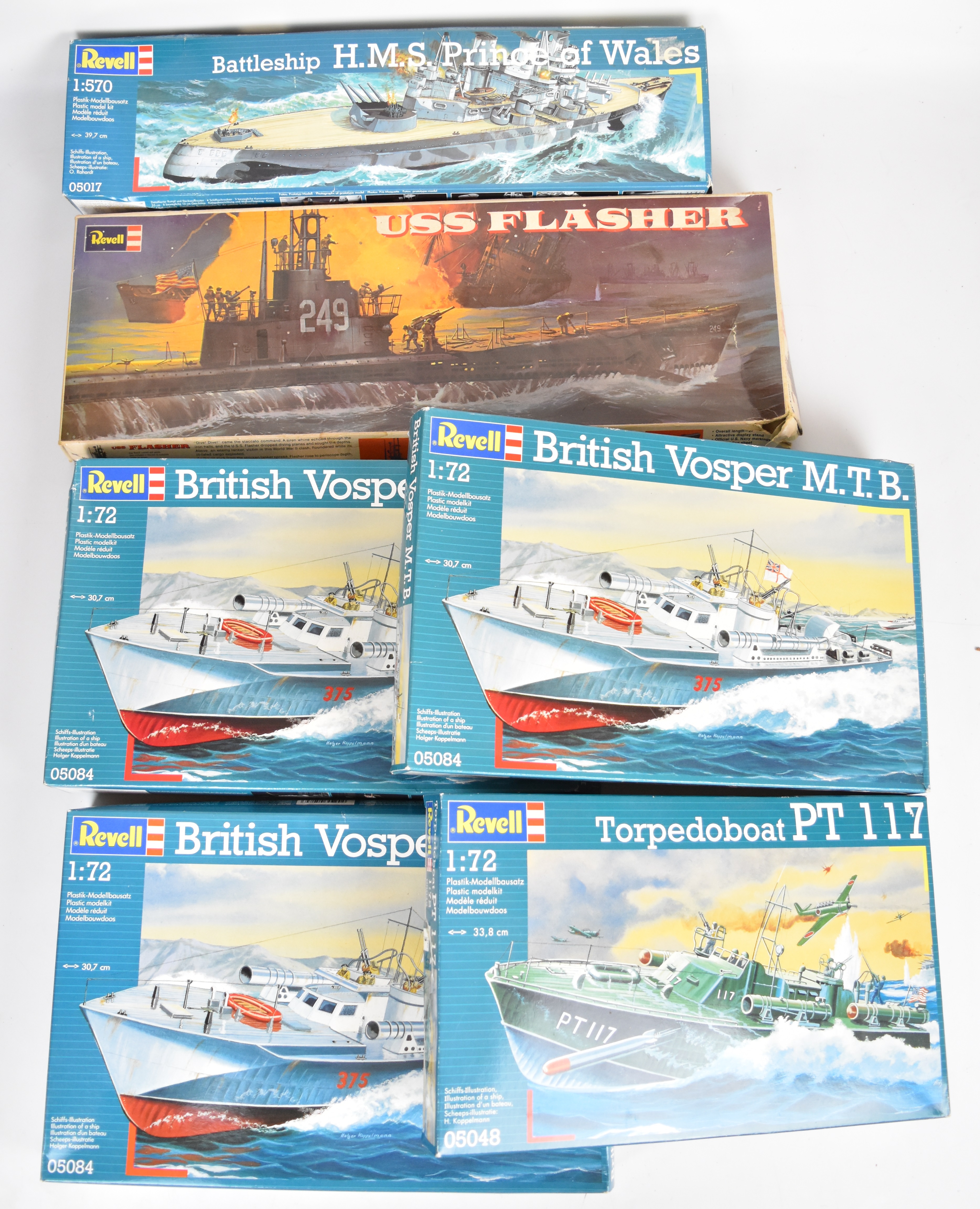 Six Revell 1:72 and 1:570 scale plastic model military ships, boats and submarines to include