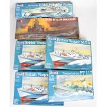 Six Revell 1:72 and 1:570 scale plastic model military ships, boats and submarines to include