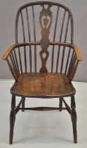 19thC elm seated Windsor armchair with pierced back splat