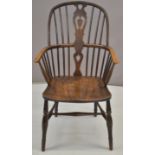 19thC elm seated Windsor armchair with pierced back splat