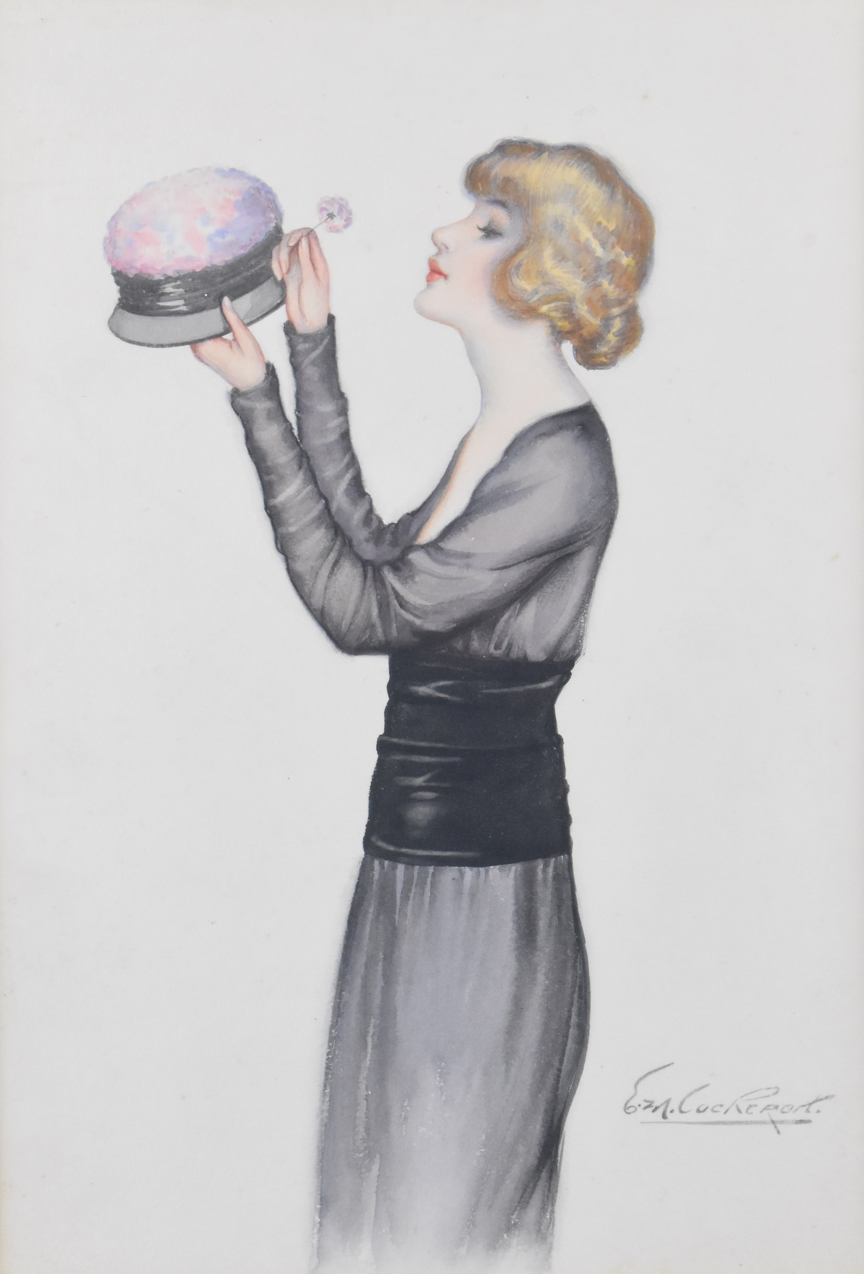 E. M. Cockroft (Postcard artist) Art Deco study of a lady adding a flower to her hat, signed lower