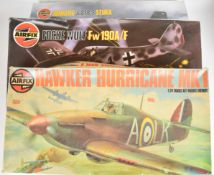 Three Airfix 1:24 scale plastic model aeroplane kits comprising Hawker Hurricane Mk1 14002, Focke