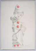 Tony Crosse (modern British) novelty felt pen or similar study of a young boy dressed as a clown,