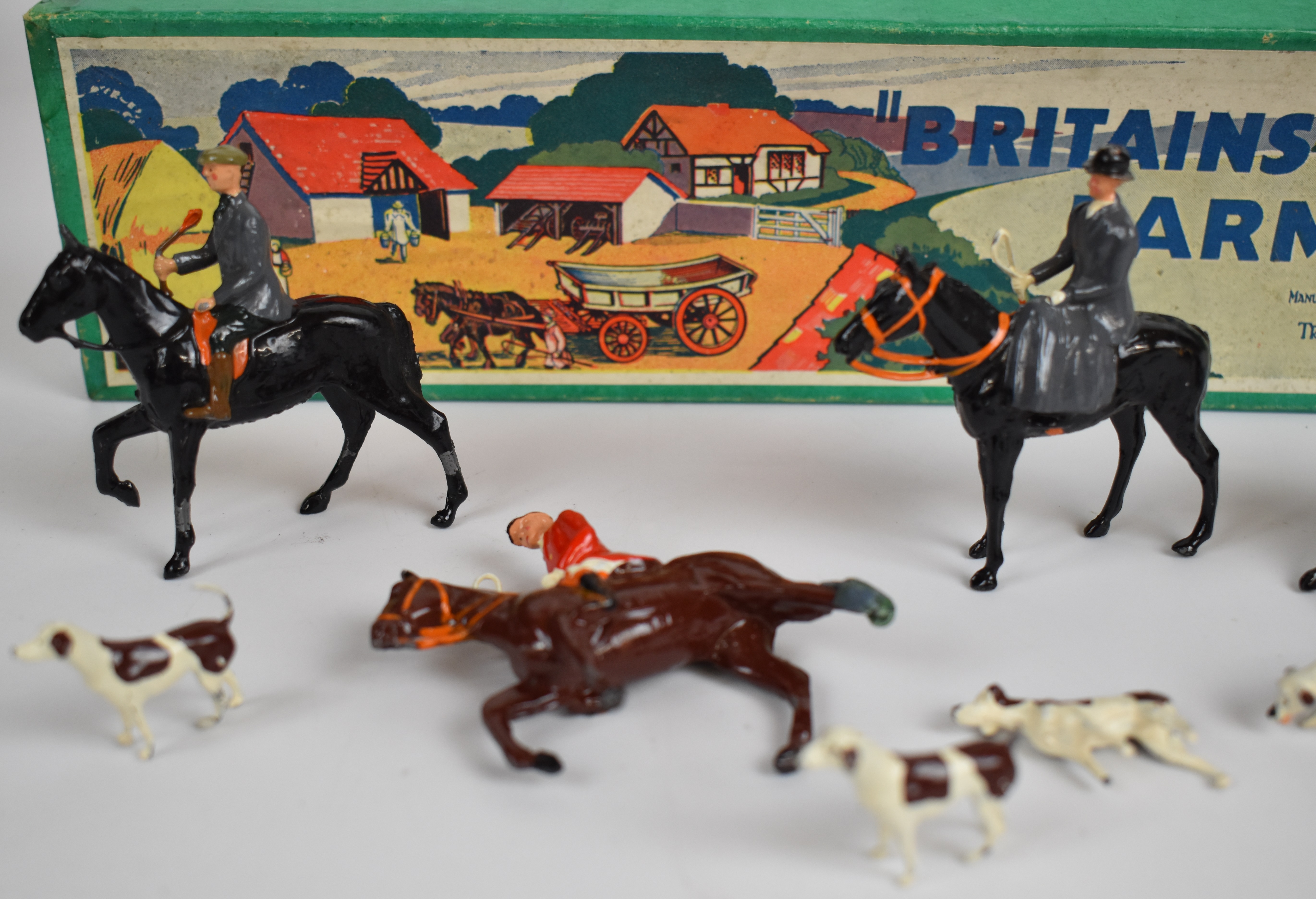 Britains vintage lead hunting party figures comprising four mounted, one on foot and six hounds, - Image 3 of 4
