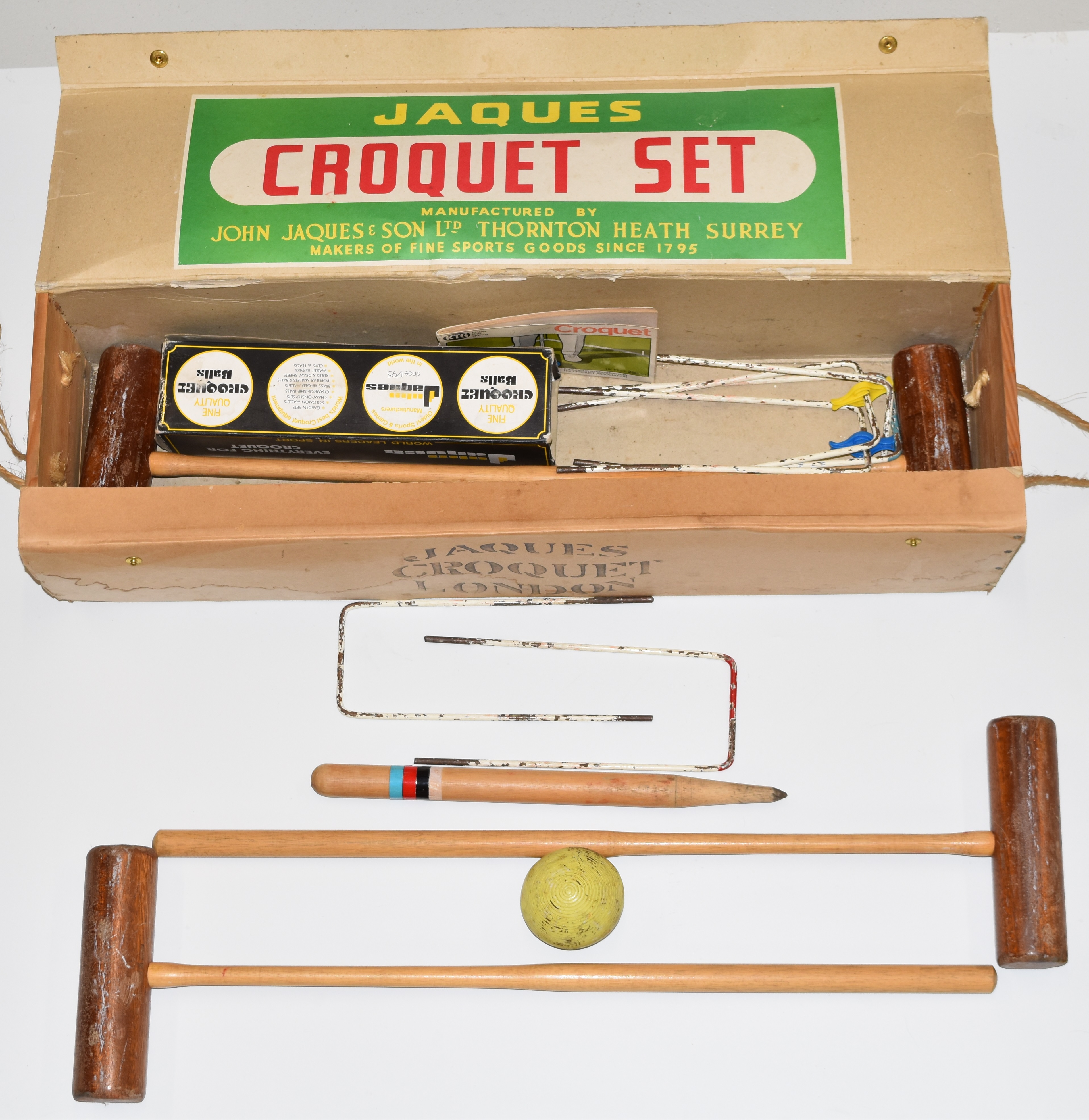 Jaques croquet set with four mallets, six hoops, clips, centre peg and balls, in original box - Image 2 of 3