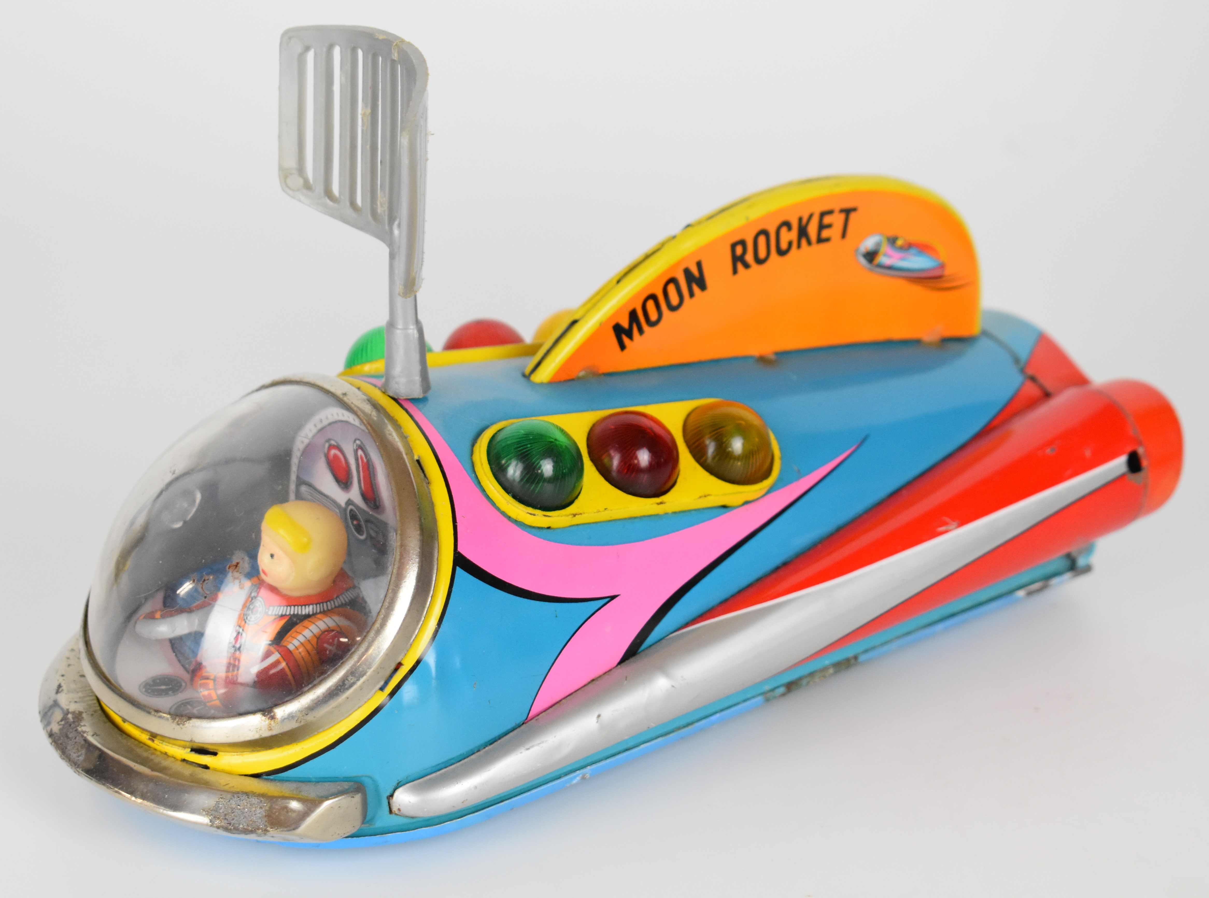 Japanese battery operated tinplate 'Moon Rocket' space car by Modern Toys (Japan), length 23cm.