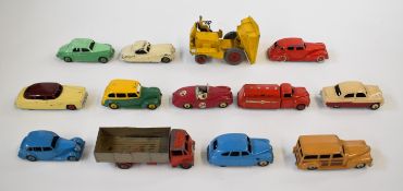 Thirteen vintage Dinky model cars and trucks to include Rover 75, Jaguar, Vanguard, Sunbeam