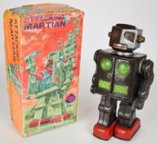Japanese battery operated tinplate 'Attacking Martian' robot by Horikawa (SH Toys), height 28cm,