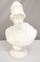 Classical style bust of a man wearing a helmet, on socle base, height 65cm