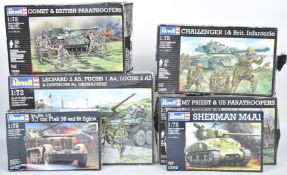 Six Revell 1:72 scale plastic model tank and similar military vehicle kits to include Sherman M4A1