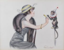 E. M. Cockroft (Postcard artist) Art Deco study of a lady offering a banana to a monkey, signed
