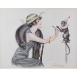 E. M. Cockroft (Postcard artist) Art Deco study of a lady offering a banana to a monkey, signed